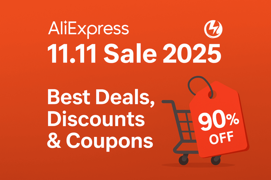 AliExpress 11.11 Sale 2025 banner showing best deals, coupons, and up to 90% discount.