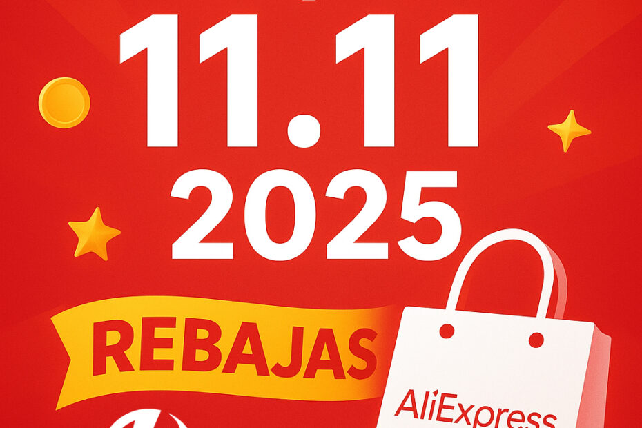 Publicidad de AliExpress Rebajas 11.11 2025 con fondo rojo, texto en blanco y amarillo, resaltando la fecha y las ofertas, con iconos de monedas, estrellas y una bolsa de compras con el logo de AliExpress.