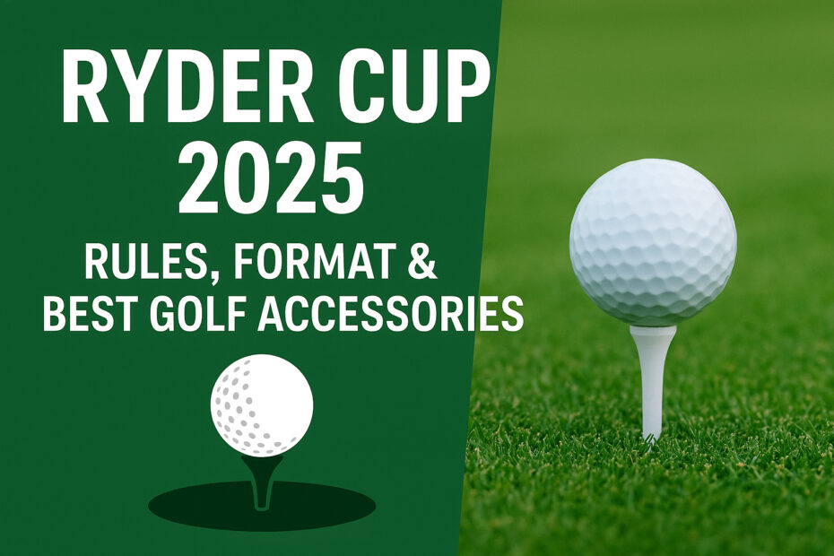 An informational graphic about the Ryder Cup 2025, featuring a split design with a green background on the left side and a close-up of a golf ball on a tee on the right side. The left side displays the text 'RYDER CUP 2025 RULES, FORMAT & BEST GOLF ACCESSORIES' with a small graphic of a golf ball on a tee shadowed beneath the text.