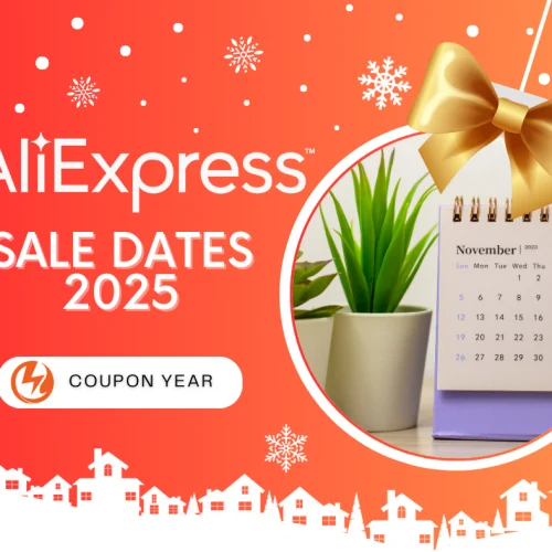 Red background with white snowflakes, featuring the text 'AliExpress Sale Dates 2025' and a calendar showing November 2023, decorated with a gold bow and a potted plant